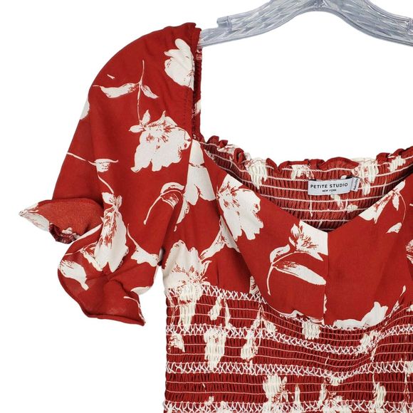 Petite Studio Tropical Red Floral Sweetheart Neckline Top Puff Sleeves Size XS - Picture 3 of 7